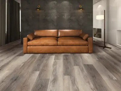 Berkshire Elm COREtec Pro Premium SPC installed in living room — warm sand beige — Cupertino