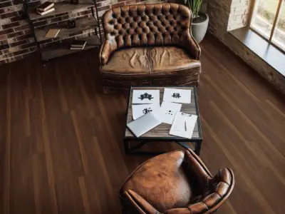 Biscayne Oak COREtec Pro Classics SPC installed in office — Deep cocoa-inspired brown, consistently dark — Palo Alto