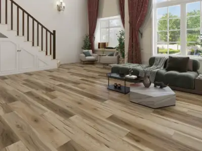 Buckwheat Paradigm Flooring Performer 20MIL SPC installed in living room — light brown with warm amber glow — Milpitas