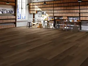 Camelot Paradigm Flooring Conquest 20MIL SPC installed in industrial workspace — chocolate-toned brown — Los Altos