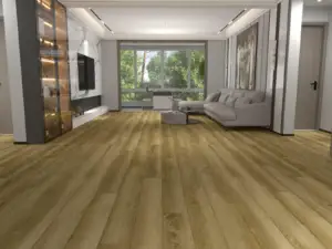 Canterbury Paradigm Flooring Conquest 20MIL SPC installed in living room — warm amber-brown, naturally luminous — Campbell
