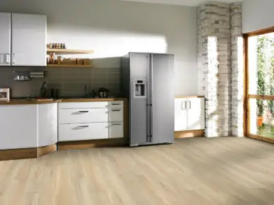Capetown Maple COREtec Pro Enhanced SPC installed in kitchen — neutral beige anchored in warm earth tones — Los Altos