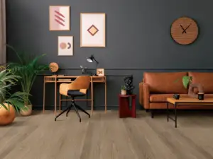Cardington Walnut COREtec Pro Enhanced SPC installed in office — earthy brown, neither too light nor dark — Campbell