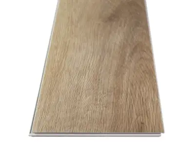 FloorScore-certified Cartwheel Oak COREtec Pro Classics SPC in smooth finish — light tan-brown with white baseboards and trim