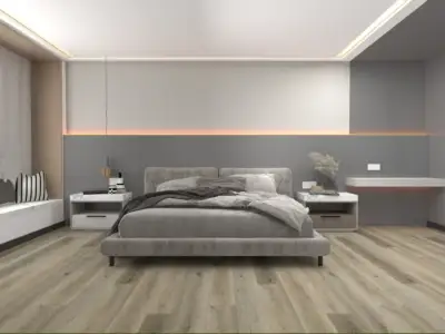 Cashew Paradigm Flooring Performer 20MIL SPC installed in modern master bedroom — soft beige — Saratoga
