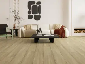 Cashmere Paradigm Flooring Insignia 20MIL WPC installed in minimalist living room — soft neutral beige leaning — Menlo Park