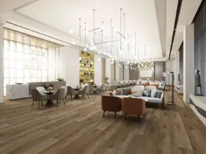 Castle Paradigm Flooring Conquest 20MIL SPC installed in hotel lobby — warm cocoa brown with visible history — Redwood City