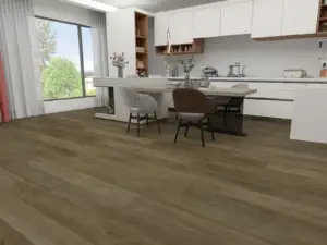 Chancellor Paradigm Flooring Conquest 20MIL SPC installed in open kitchen and dining — medium brown — Pleasanton