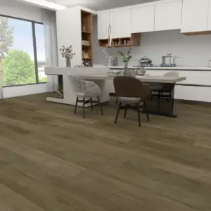 Chancellor Paradigm Flooring Conquest 20MIL SPC installed in open kitchen and dining — medium brown — Pleasanton