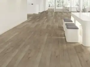 Chateau Paradigm Flooring Conquest 20MIL SPC installed in modern entry corridor — warm caramel-tinged light — Union City