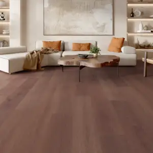 Cleo Gaia Floors Eterra Black SPC installed in living room — warm reddish-brown with subtle grain depth — Santa Clara County