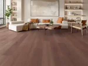 Cleo eSPC flooring in a warm living room, auburn-tinged warm red-brown.