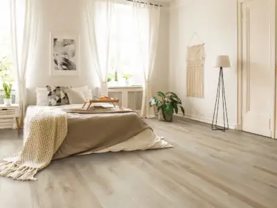Denali Vellichor Summit SPC installed in bedroom — balanced taupe-beige neutral — Mountain View