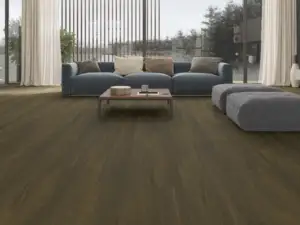 Dove Paradigm Flooring Performer PLUS SPC installed in living room — dark greyed-brown with luminous golden — Cupertino