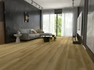 Dover Paradigm Flooring Conquest 20MIL SPC installed in living room — warm honey-tan with golden undertones — Mountain View