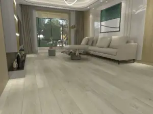 Duke Paradigm Flooring Conquest 20MIL SPC installed in living room — pale greige, barely-there cool cast — Santa Clara County