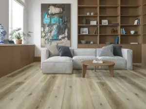 Dusk Paradigm Flooring Insignia 20MIL WPC installed in living room with built-in library — soft taupe-grey — San Mateo