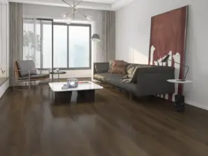 Eagle Paradigm Flooring Performer PLUS SPC installed in modern condo living room — dark chocolate brown — Fremont