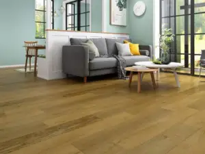 Elk Horn SPC flooring in a modern living room, warm honey-brown.