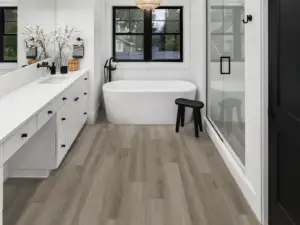 Elliptical Oak COREtec Pro Classics SPC installed in bathroom — warm grey-beige with subtle depth — Pleasanton