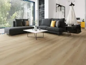 Estate Paradigm Flooring Conquest 20MIL SPC installed in bridal boutique showroom — medium beige, gently luminous — Los Altos