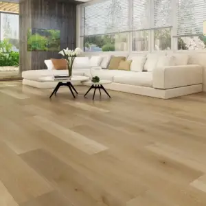 Eyre Gaia Floors Eterra Black SPC installed in living room — warm taupe-brown with natural wood grain — Milpitas