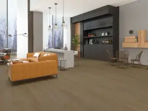 Falcon Paradigm Flooring Performer PLUS SPC installed in open contemporary living and bar area — creamy warm beige — Campbell