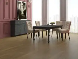 Finch Paradigm Flooring Performer PLUS SPC installed in formal dining room — honeyed brown with warm undertones — Los Gatos