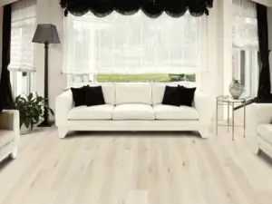Flagstaff Oak COREtec Pro Classics SPC installed in living room — luminous light beige — Santa Clara
