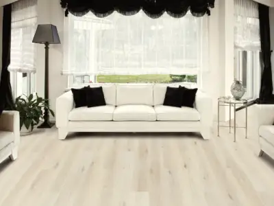 Flagstaff Oak COREtec Pro Classics SPC installed in living room — luminous light beige — Santa Clara