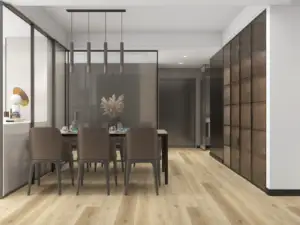 Flax Paradigm Flooring Performer 20MIL SPC installed in modern dining room — creamy honey-beige with soft radiance — Saratoga