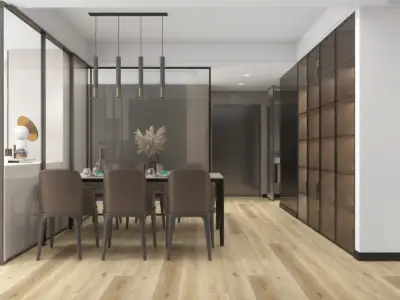Flax Paradigm Flooring Performer 20MIL SPC installed in modern dining room — creamy honey-beige with soft radiance — Saratoga