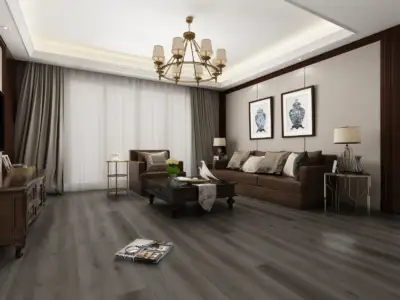 Fog Paradigm Flooring Performer 12MIL SPC installed in open living room — deep weathered charcoal — Menlo Park