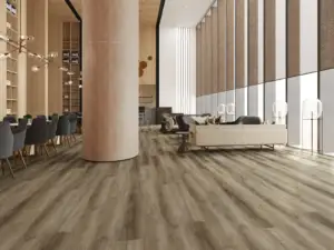 Fortress Paradigm Flooring Conquest 20MIL SPC installed in commercial lobby — rich tan-brown — Redwood City