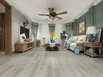 Fossil Paradigm Flooring Performer 12MIL SPC installed in country traditional living room — pale greige — San Carlos