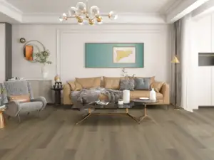 Goose Paradigm Flooring Performer PLUS SPC installed in living room — light-medium grey in weathered taupe — Castro Valley