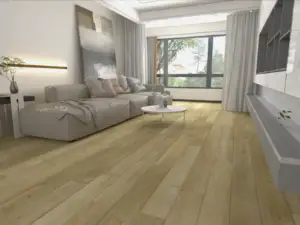 Guild Paradigm Flooring Conquest 20MIL SPC installed in living room — warm cream-beige with honey undertones — Newark