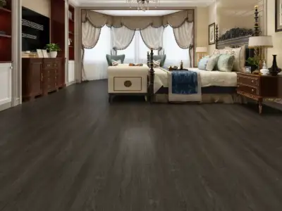 Hazel Paradigm Flooring Performer 12MIL SPC installed in formal master bedroom — dark charcoal-grey — San Jose