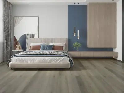 Hummingbird Paradigm Flooring Performer PLUS SPC installed in modern minimalist bedroom — greige transitioning — Sunnyvale