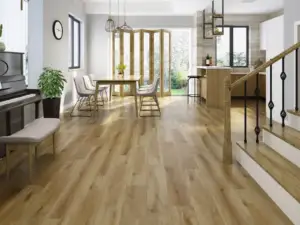 Impala SPC flooring in a scandinavian dining, warm golden-tan.