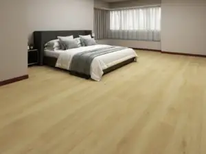 Ios Paradigm Flooring Odyssey 20MIL WPC installed in spacious modern bedroom — golden honey blend with warm amber — Cupertino