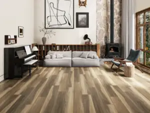 Kailua Paradigm Flooring Insignia 20MIL WPC installed in music room with hearth — earthy cognac-brown — Santa Clara County