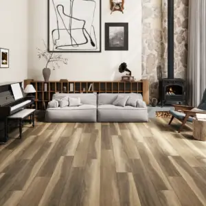 Kailua Paradigm Flooring Insignia 20MIL WPC installed in music room with hearth — earthy cognac-brown — Santa Clara County