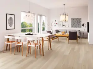 Kent Oak COREtec Pro Premium SPC installed in open-plan great room — Gossamer beige tone throughout — Sunnyvale