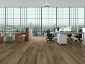 Knight Paradigm Flooring Conquest 20MIL SPC installed in open-plan office — medium warm brown, earthy undertone — Campbell