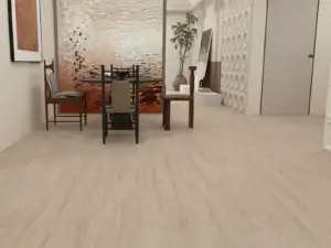 Amber BP906 Lago Ultra Clean-BP9 SPC 9-inch wide waterproof flooring, warm sand beige in a styled dining room.