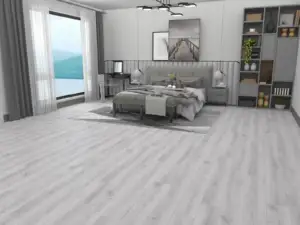Baikal LG805 Lago Scratch Shield™ 8.5mm SPC 9-inch planks, cool light grey in a master bedroom.
