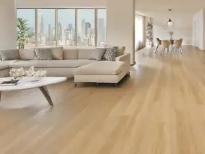 Bay Shore LG609 Lago Scratch Shield™ SPC 9-inch planks, warm caramel oak in a modern living room.
