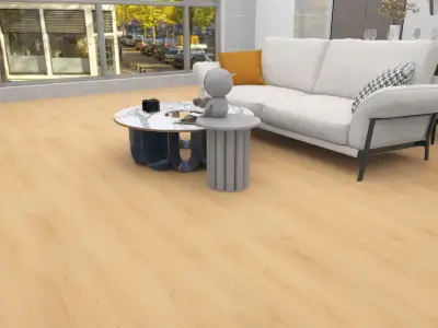 Blanco BP708 Lago Ultra Clean-BP7 SPC 9-inch wide waterproof flooring, golden honey oak in styled interior.