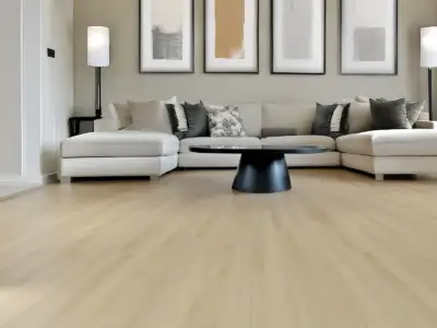 Brook BP907 Lago Ultra Clean-BP9 SPC 9-inch wide waterproof flooring, warm soft tan in styled interior.